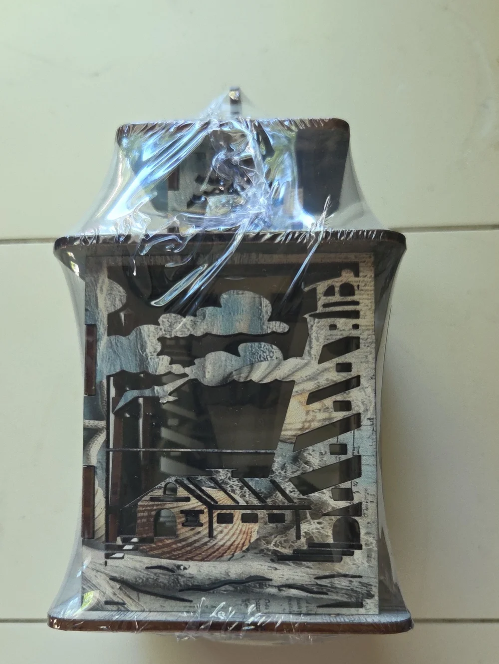 Wooden Decorative Lantern with Coastal Cutout Design - Brown and White